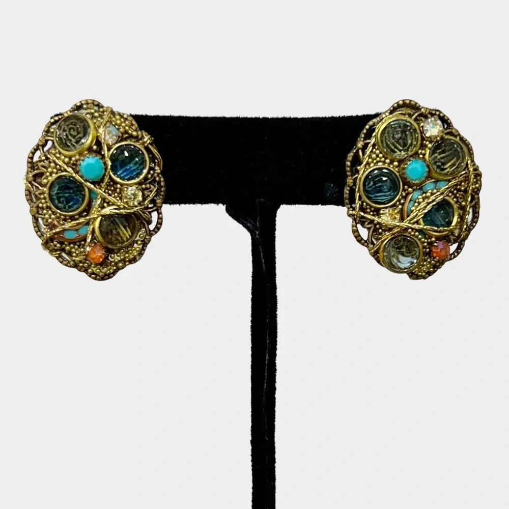 VINTAGE BLUE & TURQUOISE CRYSTAL & MIXED MEDIA ARTISTIC EARRINGS